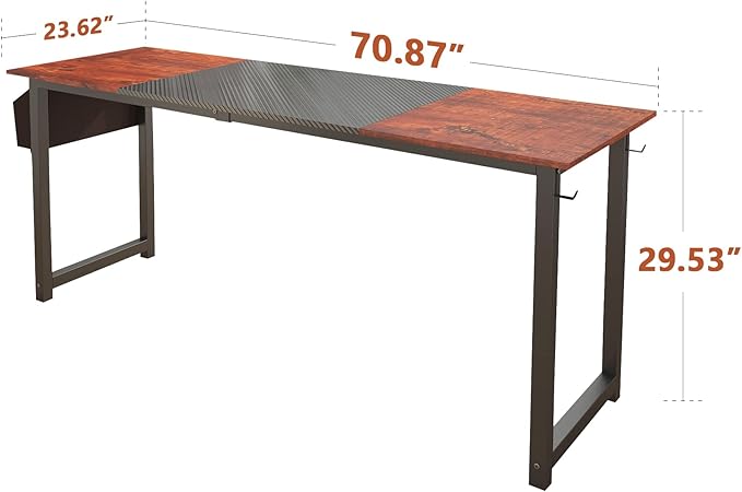 Decoholic 71Inch Home Office Computer Two-Color Panel Desk with Storage Bag and Hook, Black, Sandalwood Color, Industrial Modern Laptop Desk