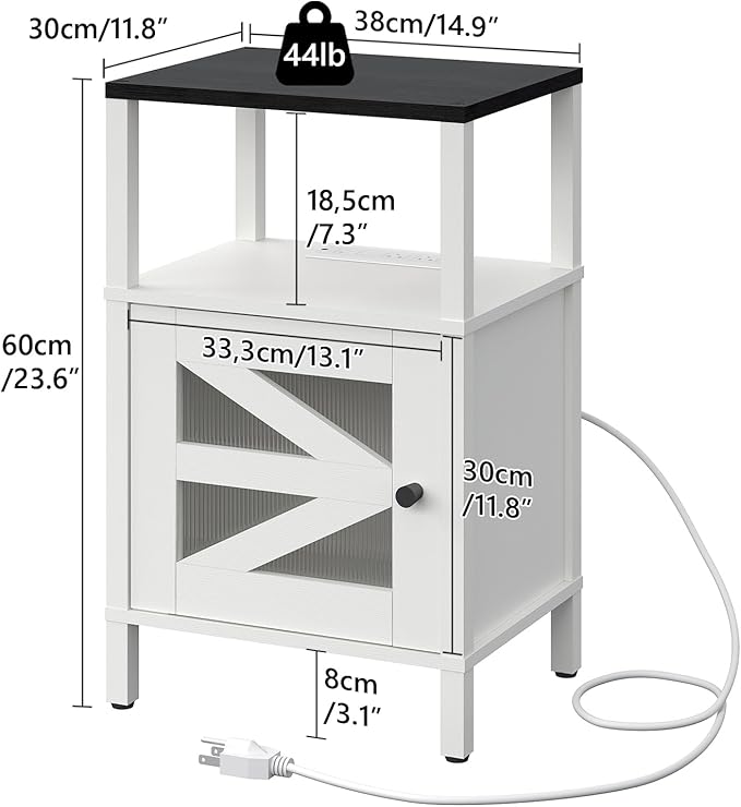 Farmhouse Nightstand with Charging Station, White Bedside Table with USB&Type-C Ports and Outlets, End Table with Storage, Side Table Night Stand for Bedroom, White and Black ETBW97E01