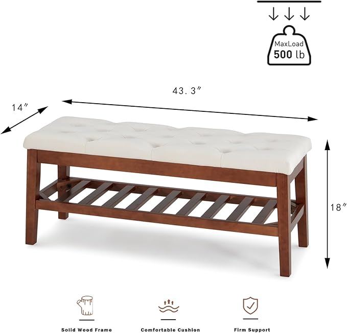 Upholstered Shoe Bench Entryway Bench for Bedroom, End of Bed, Ottoman Bench Tufted Padded Seat with Solid Wood Shelf for Living Room, Faux Leather Cognac Brown