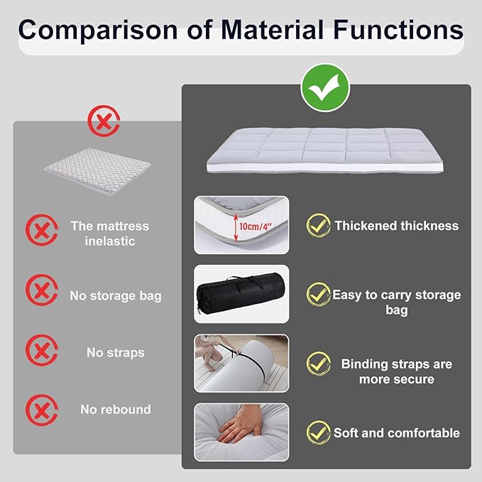 Tiita Memory Foam Mattress Topper Twin Size, 4" Thicken Futon Mattress with Storage Bag and 2 Straps, Portable Roll Up Travel Car Camping Mattress Floor Sleeping Pad, Grey