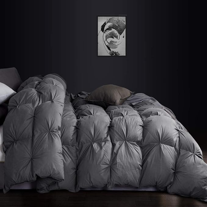 Luxurious All-Season Goose Down Feather Fiber Comforter Twin Size Duvet Insert, Exquisite Pinch Pleat Ruffled Twisted Flower, Premium Baffle Box, 100% Egyptian Cotton Cover, 50 oz. Fill Weight, Gray