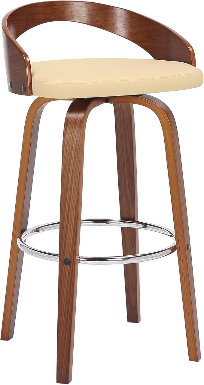 Armen Living Sonia 30" Bar Height Swivel Cream Faux Leather and Walnut Wood Bar Stool - Set of 2