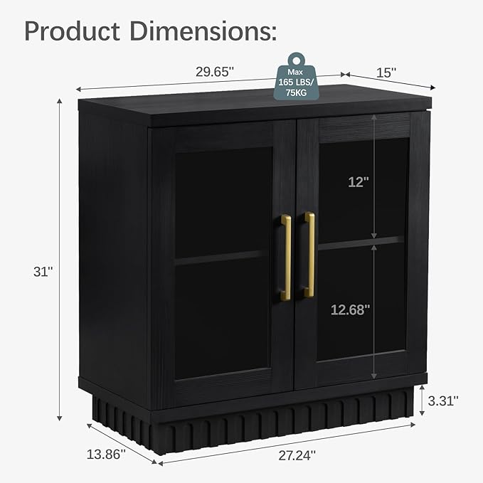 Buffet Cabinet with Storage, Sideboard Cabinet with Glass Doors, Accent Storage Cupboard Console Table for Kitchen, Hallway, Living Room, Dining Room, Smoked Black Oak