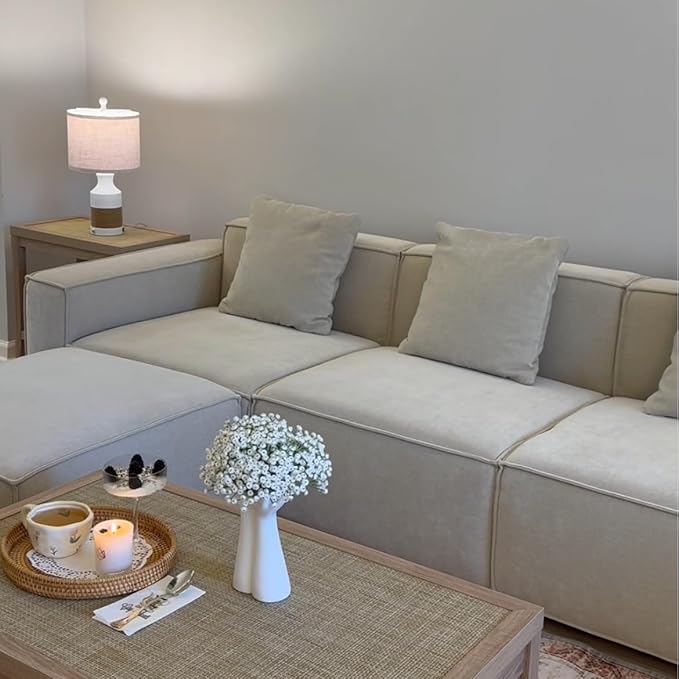 Acanva Luxury Modular Sectional Living Room Sofa Set, Modern Minimalist Style Couch with Ottoman and Chaise, L-Shape, Linen-Like Cream