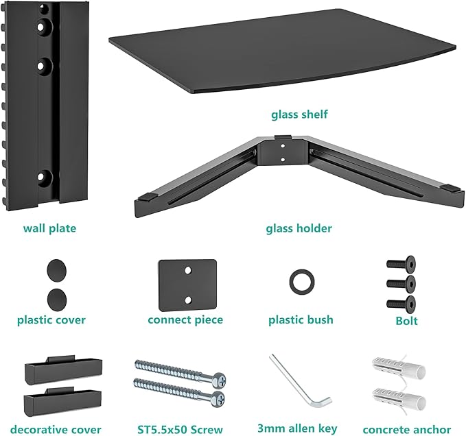 WALI Floating Entertainment Center Shelves, Holds Up to 17.6lbs, TV Shelf with Strengthened Tempered Glasses for DVD Players, Cable Boxes, Games Consoles, TV Accessories (CS201B), 1 Shelf, Black