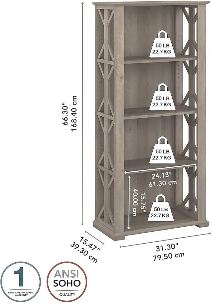 Bush Furniture Homestead 4 Shelf Farmhouse Bookcase in Driftwood Gray, Vertical Office Organizer, Home Shelving Unit for Books and Decor, Bookshelf
