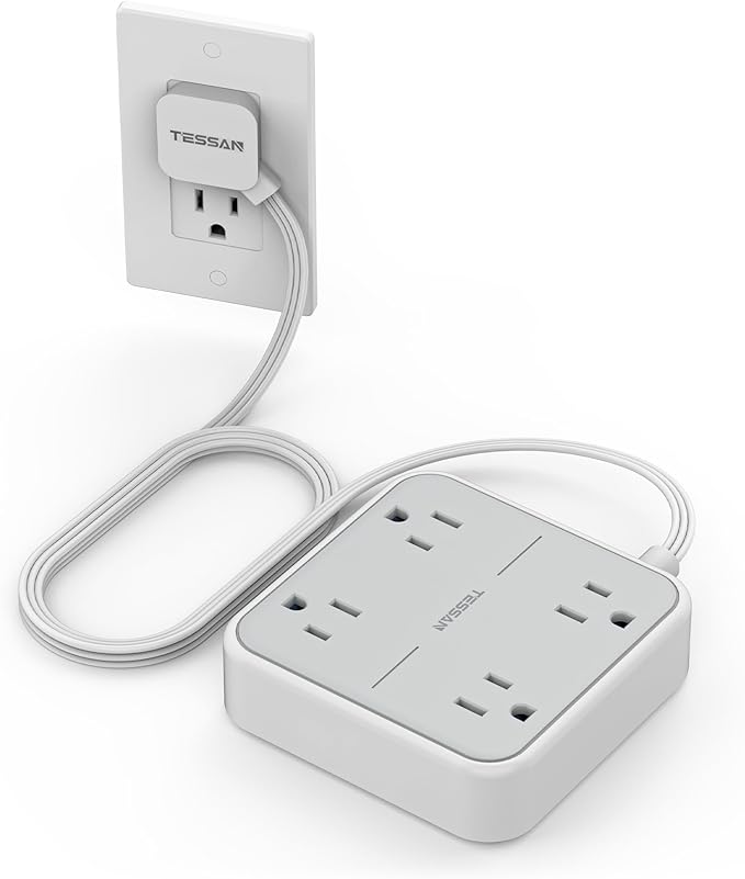 Surge Protector Power Strip, TESSAN 5 ft Extension Cord Flat Plug with 4 Widely Outlets, Indoor Desk Charging Station with Surge Protection for Home, Office Supplies, Dorm Room Essentials