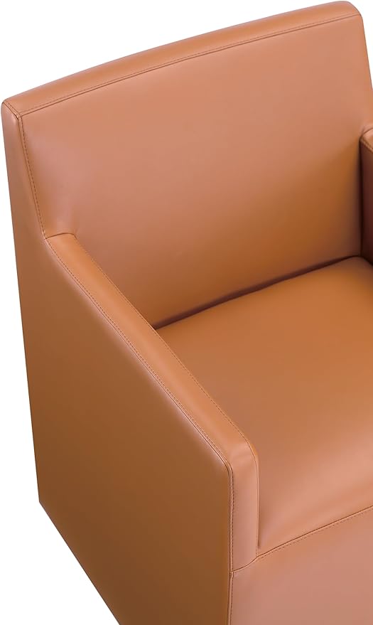 Manhattan Comfort Anna Square Modern Dining Chair with Arms, Head-to-Toe Faux Leather Upholstered Accent Armchair with Plastic Foot Padding, Set of 1, Saddle