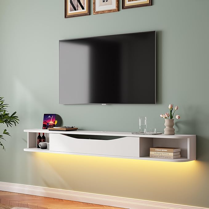 Floating TV Stand,70'' Wall Mounted TV Cabinet,Floating TV Console,Under TV Shelf with 1 Door and 2 Cabinets for TVs up to 75''(White)