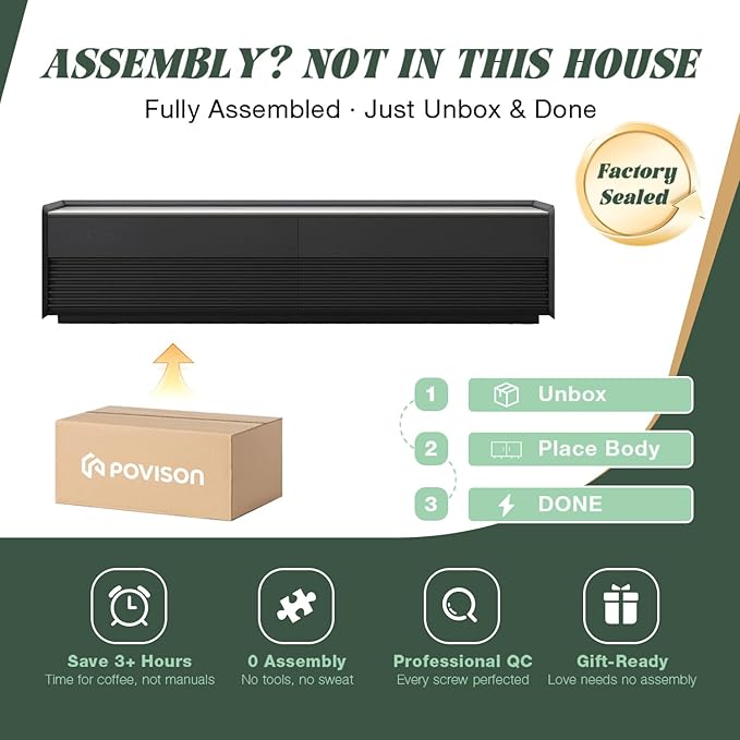 POVISON Fully-Assembled Mid Century Modern TV Stand, 78.74" Wood Media Console with Adjustable LED Light, Entertainment Center with Storage for Living Room