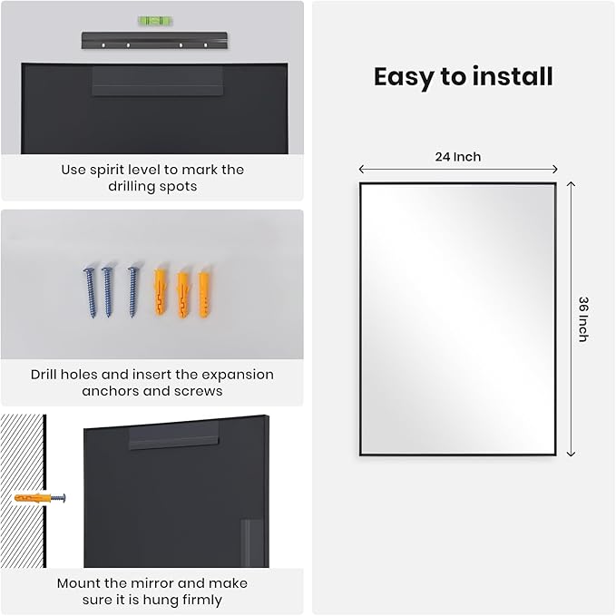 Melodieux Wall Vanity Bathroom Mirror for Over Sink, 24"x36" Rounded Rectangle Metal Deep Frame Wall Mounted Mirror Wall Decor for Living Room Hallway, Black