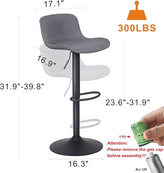 YOUTASTE Fabric Grey Bar Stools Set of 2, Adjustable Counter Height Barstools Swivel Modren Bar Stool with Back Metal Legs, Breakfast Bar Chairs for Kitchen Island Home Bistro