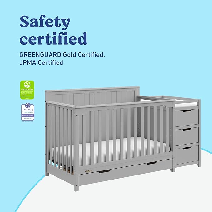 Graco Hadley All-in-One Convertible Crib & Changer (Pebble Gray) – GREENGUARD Gold Certified, Fits Standard Crib Mattress, Converts to Toddler Bed and Full Bed, 4 Adjustable Mattress Heights