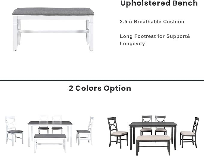 Ball & Cast 6 Piece Wood Dining Table Set,Kitchen Table Set with Upholstered Bench and 4 Dining Chairs,Farmhouse Living Room Furniture w/Carved Legs & Round Backrest,for Dining Room,Gray+White