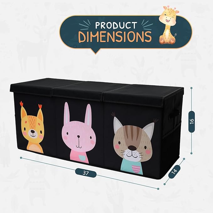 Extra Large Toy Storage Organizer with Lid - Sturdy, Collapsible Toy Chest Storage Box with Cute Design - Toys Bin with Dividers for Kids, Boys, Girls, Nursery, Bedroom, Play room 37"x16"x14"