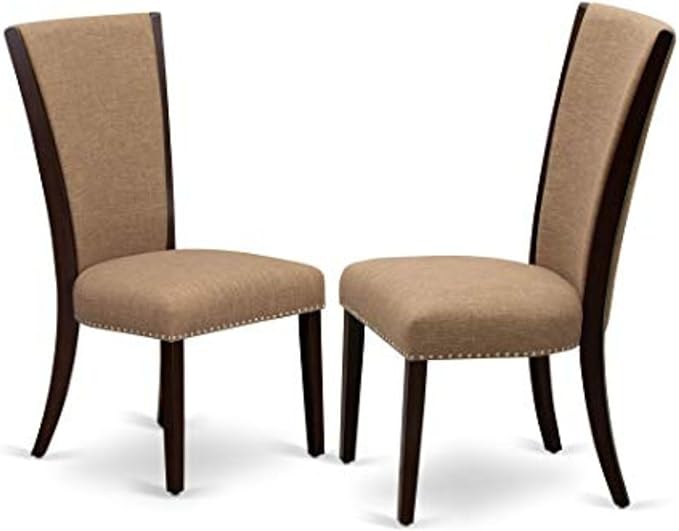East West Furniture VEP3T47 Verona Modern Parson Chairs - Nailhead Trim Light Sable Linen Fabric Upholstered Dining Chairs, Set of 2, Mahogany