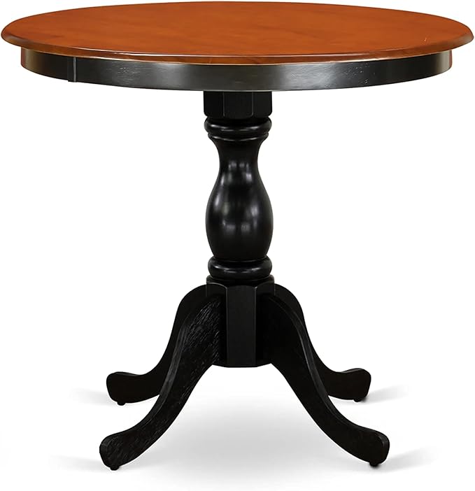 East West Furniture ESCE3-BCH-21 3 Piece Dining Room Table Set Contains a Round Kitchen Table with Pedestal and 2 Mineral Blue Linen Fabric Parson Dining Chairs, 30x30 Inch, Black & Cherry