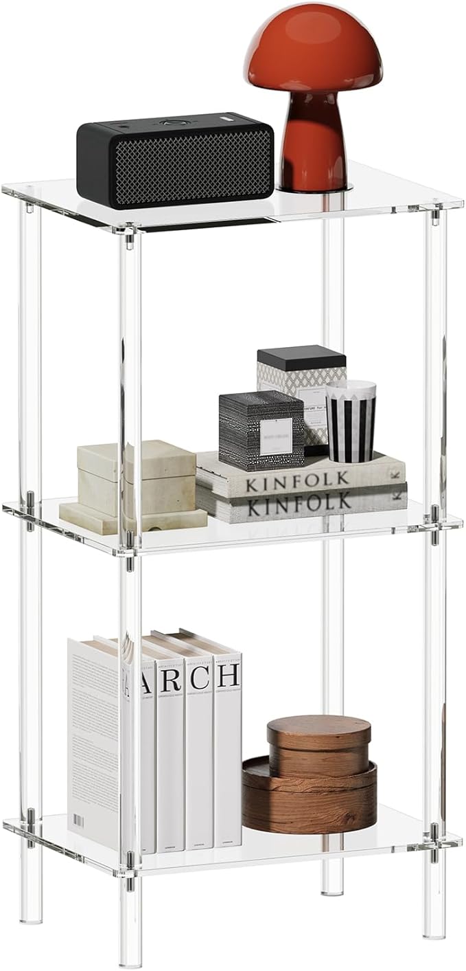 Aquiver Acrylic Tall Side Table - 3 Tier End Table for Small Spaces - Tall Nightstand Clear Bedside Table for Living Room, Bedroom - 15.7" L x 11.8" W x 30.8" H