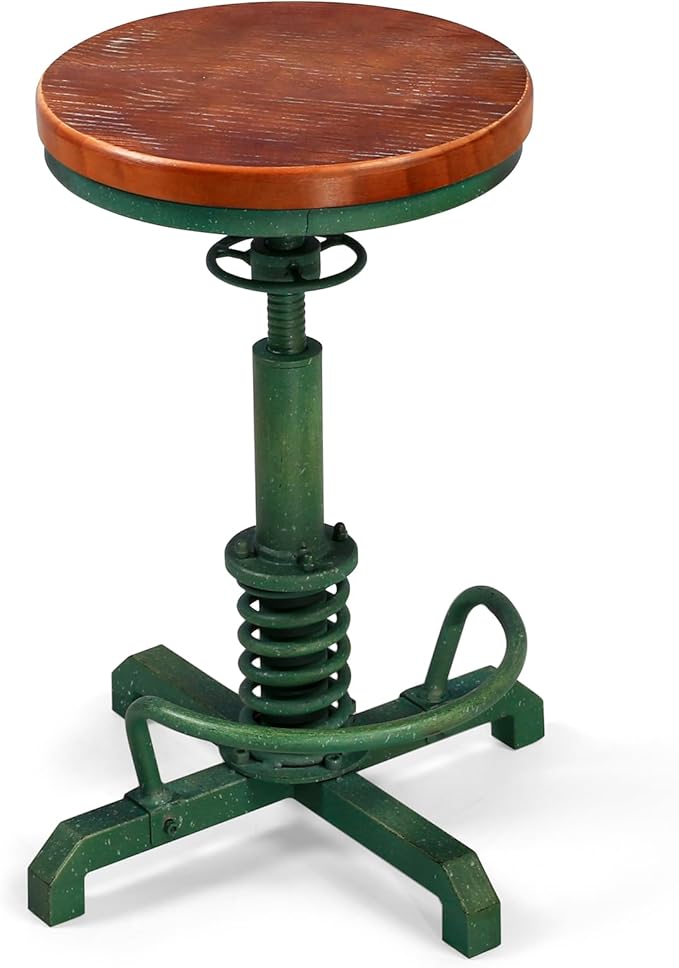 LOKKHAN American Antique Steampunk Bar Stool 24.41"-28.35" Vintage Industrial Adjustable Swivel Backless Counter Stool for Dining, Breakfast, Pub, (Heavy Duty Metal & Wood, Aged Green, Brown Top)