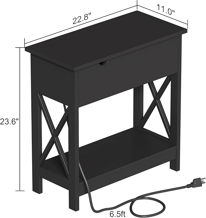ChooChoo End Table with Charging Station, Narrow Flip Top Side Table with USB Ports & Power Outlets for Small Spaces, Bedside Table with Storage for Living Room, Bedroom, Black