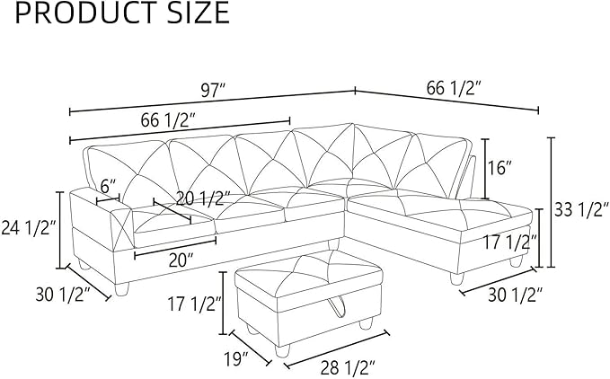 L Shaped Sectional Couches, Modern Modular Sectional Sofa Furniture for Living Room Bedroom, Comfy 4 Seat Couch with Ottoman Storage & Chaise, Brown