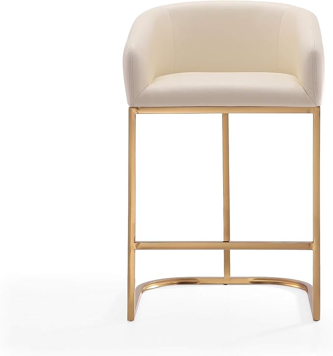 Manhattan Comfort Louvre 26 Inch Mid Century Modern Counter Height Bar Stools - Elegant Faux Leather Padded Seat, Stainless Steel Base with Footrest, Fully Assembled Barstools, Set of 2, Cream
