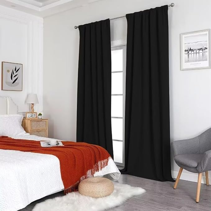 Joydeco Natural Linen Curtains 96 inch Length 2 Panels Set Burg 100% Blackout Patio Door Curtain Room Darkening Sliding Door Curtains Thermal Insulated Back tab Rod Pocket(105x96 inch, Black)
