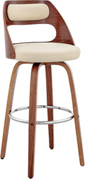 Armen Living Julius Mid Century Modern Swivel Bar Stool for Kitchen Island Counter in Cream Faux Leather and Walnut Wood, 26" Seat Height