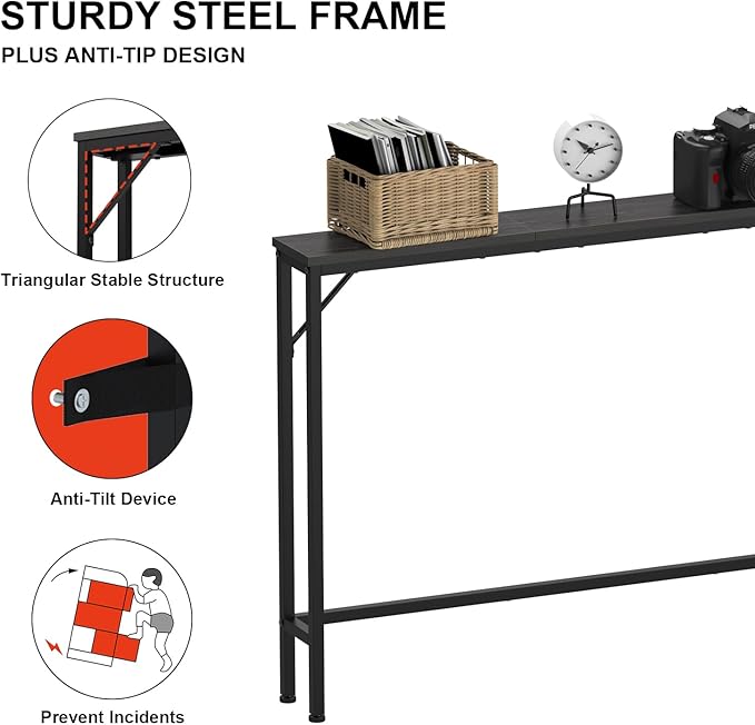 Tohomeor 5.9" Skinny Behind Sofa Console Table with Charging Station Charcoal Black 47.2" Narrow Long Behind Couch Table with Power Outlets USB Ports Thin Entry Table for Entryway Living Room Hallway