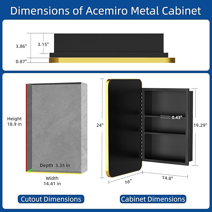 16x24 Inch Mirror Medicine Cabinet for Bathroom Gold Metal Frame Bathroom Medicine Cabinet with Mirror Recessed or Wall Mounted