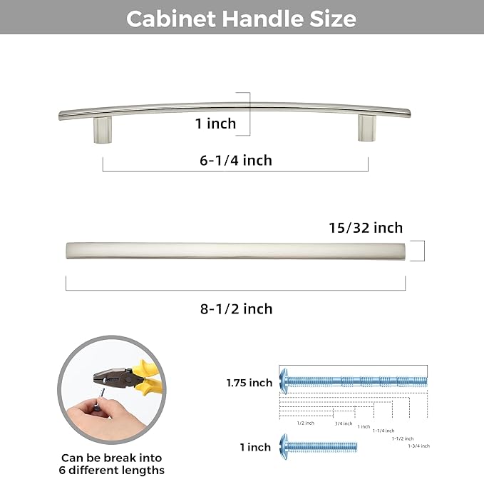 30 Pack Cabinet Handles 6.25" Hole Center - Curved Cabinet Pulls Brushed Nickel Drawer Pulls for Kitchen Cupboard Solid Hardware for Dresser Drawer Arch Hardware