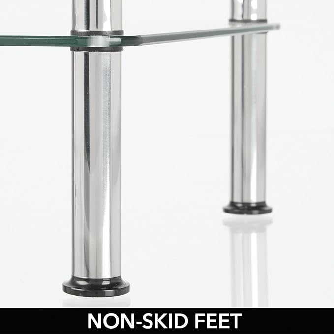 mDesign Metal/Glass 3-Tier Storage Tower, Narrow Shelving Display Unit, Open Glass Shelves; Multi-Use Stand for Living Room, Bathroom, Home Office, Hallway, Bedroom Organization - Chrome/Clear