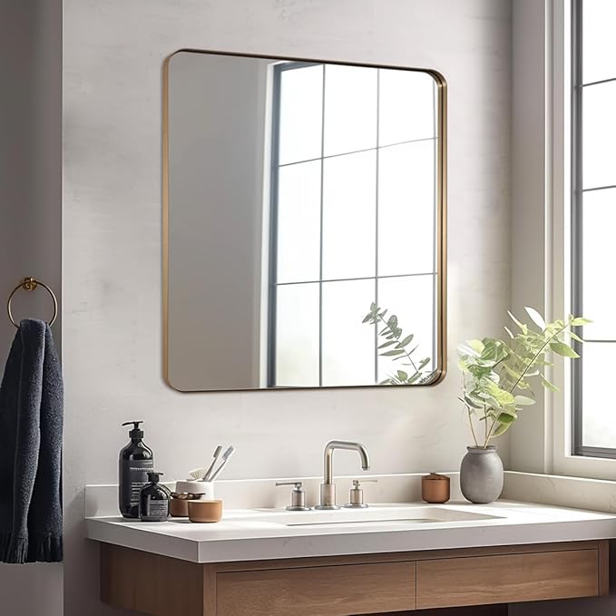 ANDY STAR Square Wall Mirror for Bathroom, 24”x24” Brushed Gold Bathroom Mirror, Rounded Corner Metal Mirror in Premium Stainless Steel Frame Hangs Horizontal Or Vertical（No Rose Gold）