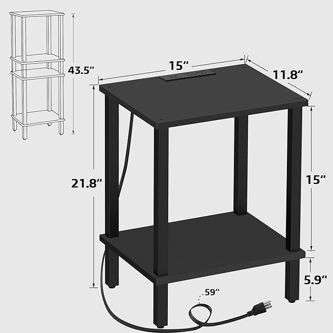 TUTOTAK End Table with Charging Station, Side Table with USB Ports and Outlets, Nightstand, 2-Tier Storage Shelf, Sofa Table for Small Space TB01BK040