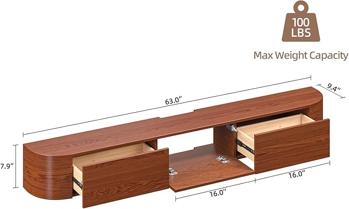 Fully Assembled Floating TV Stand with Drawers, 63IN Vintage Wall Mounted Entertainment Center, Minimalist Large Storage Console Under TV, Solid Wood Media Shelf for Living Room, Bedroom