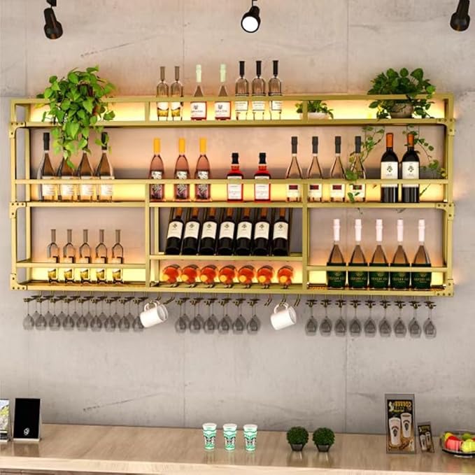 Metal Wall-Mounted Wine Rack with LED Light - 3 Tier Wine Storage Display Rack with Glass Holder - Space-Saving Bottle Display Shelf for Home Bars, Dining Rooms(Gold, 59in/150cm)