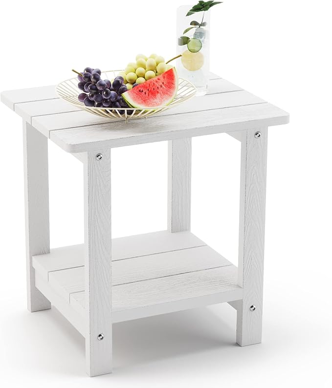 LUE BONA Adirondack Outdoor Side Table, 2-Tier White HDPS Patio End Table Weather Resistant, Morden Side Table for Patio, Pool, Porch