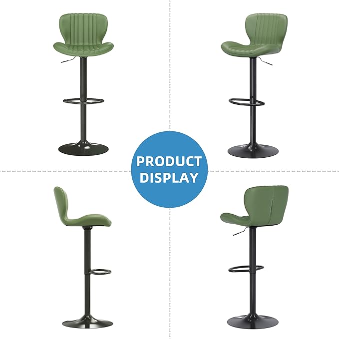 Shintenchi Bar Stools Set of 2 Modern Swivel Bar Chairs, Counter Height Faux Leather Metal Barstools, Upholstered Island Chairs with Back and Footrest, Green