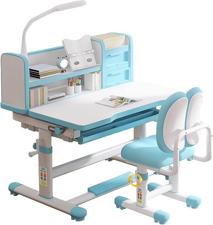 Kids Desk and Chair Set 3-18 Years Ergonomic Height Adjustable Children School Study Desk with Tilt Desktop, Drawer Boy and Girl Table and Chair Set 3 Modes Light