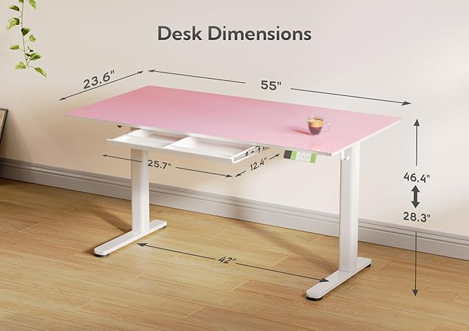 INNOVAR Glass Standing Desk with Drawers, Adjustable Height Stand Up Desk, Electric Standing Desks with Storage, 55 inch, Morandi Powder