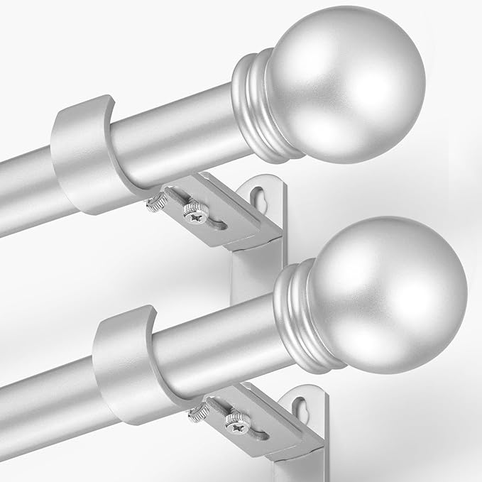 Curtain Rods for Windows 16 to 76 Inches, Curtain Rod Max Adjustable Length of 88 IN, 6/8" Diameter Drapery Rods Round Finials, Satin Silver, Pack of 2