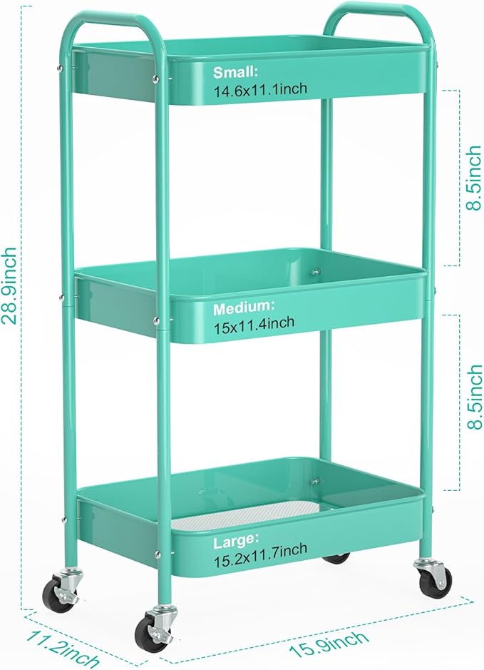 3-Tier Rolling Metal Storage Cart with Wheels, Multi-Functional Organizer for Office, Kitchen, Bathroom, Books Diapers - Easy Assembly (Blue)