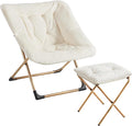 Comfy Oversized Saucer Chair with Ottoman,Soft Faux Fur Reading Lounge Chair for Adults,Stable X-Large Metal Frame and Non-Slip Pad,Cozy Chair for Bedroom, Living Room, Dorm, Office, Beige