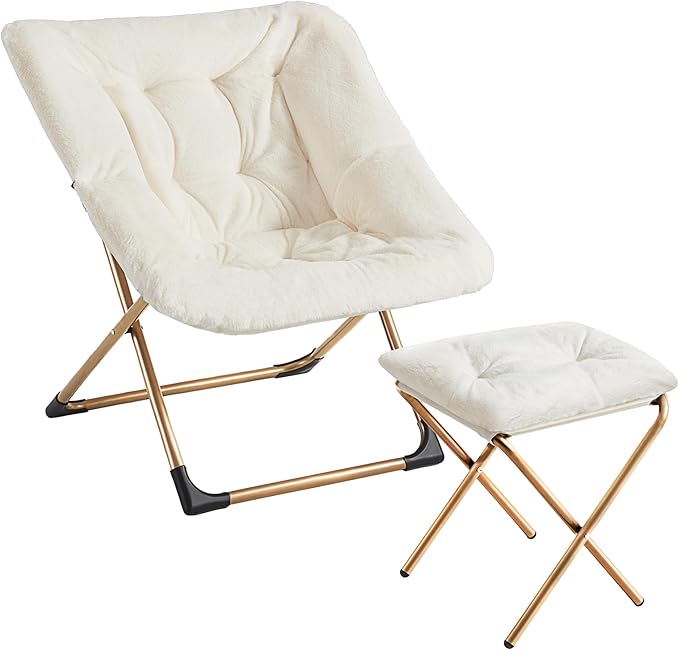 Comfy Oversized Saucer Chair with Ottoman,Soft Faux Fur Reading Lounge Chair for Adults,Stable X-Large Metal Frame and Non-Slip Pad,Cozy Chair for Bedroom, Living Room, Dorm, Office, Beige