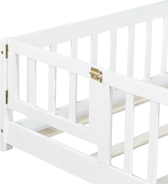 Twin Floor Bed with Slats and Center Support Bar, Wood Montessori Floor Bed with Fence and Door, Kids Montessori Bed Twin Size, Twin Size Montessori Floor Bed for Kids, Girls, Boys(Twin White)