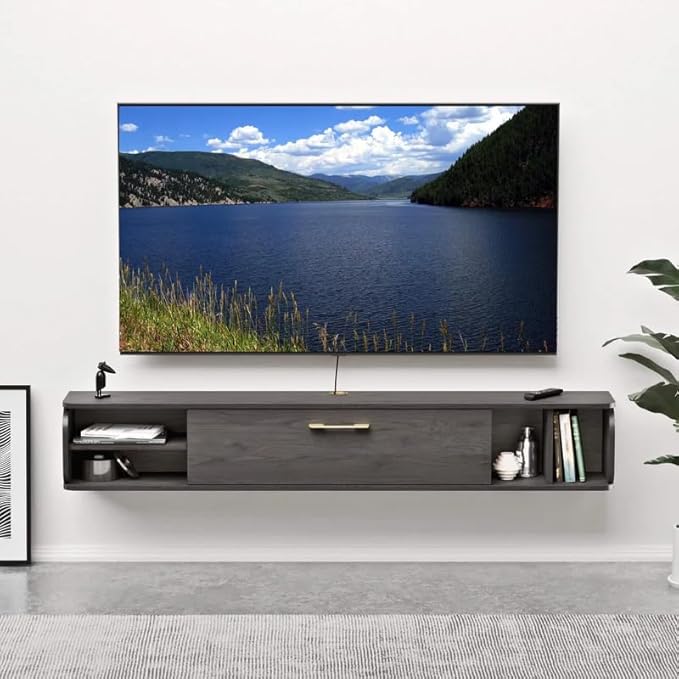 Floating TV Unit, 76'' Wall Mounted TV Cabinet, Floating Shelves with 4 Cabinets, Wood Entertainment Media Console Center Large Storage TV Bench for Living Room & Office (75.98IN, Dark Grey)