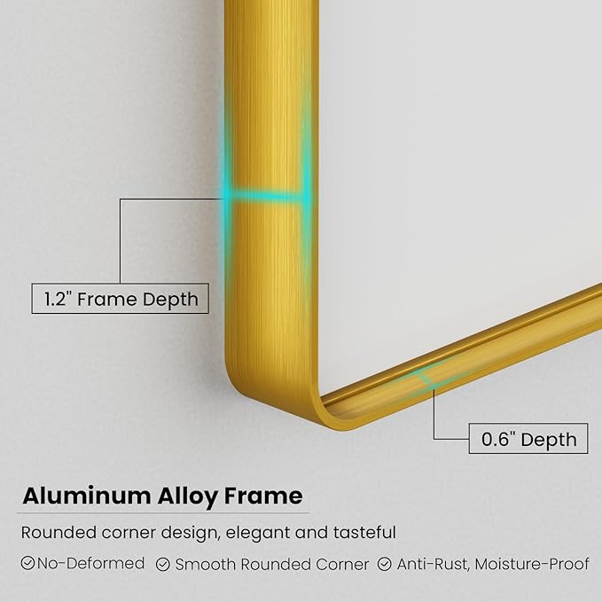 Gold Bathroom Mirror, 40x30 Inch Brushed Gold Metal Frame Mirror for Wall, Rounded Rectangle Bathroom Vanity Mirror, Tempered Glass, Anti-Rust, Horizontal/Vertical