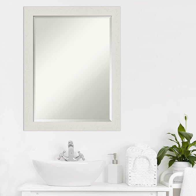 Amanti Art White Bathroom Mirror for Over Sink, 28x22 Rustic Plank White Narrow Rectangle Vanity Mirror, Medium Rustic Farmhouse Frame, Hangs Horizonally and Vertically, Bathroom Wall Decor, Beveled