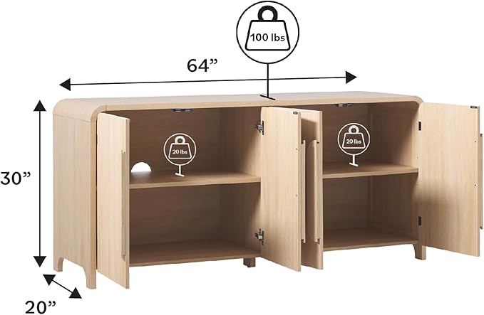 Walker Edison Chantelle Sideboard Buffet with Storage, 64", Coastal Oak
