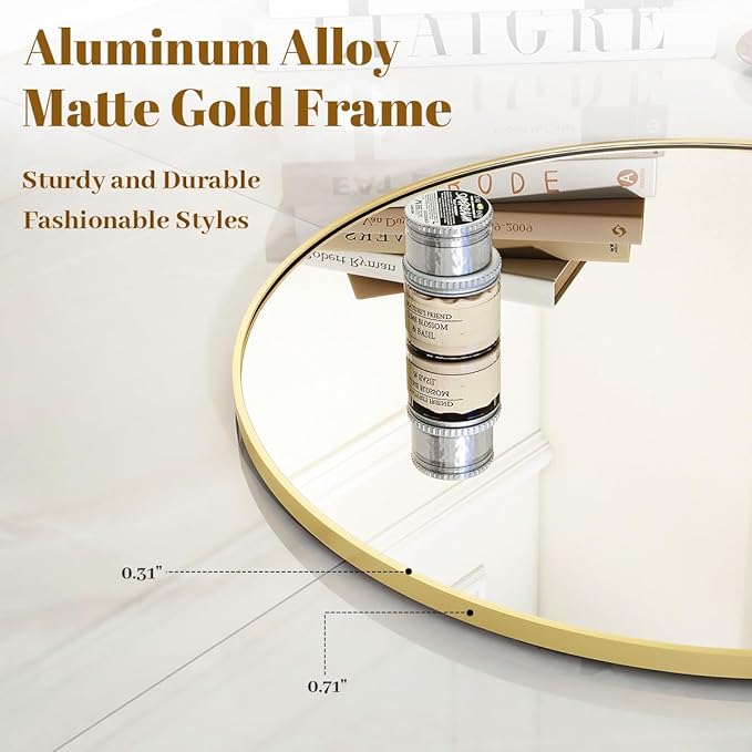 Gold Round Bathroom Mirror, 20 inch Circle Wall Mounted Hanging Mirror with Simple Modern Circular Metal Frame for Hallway, Entryway, Living Room, Gold Frame